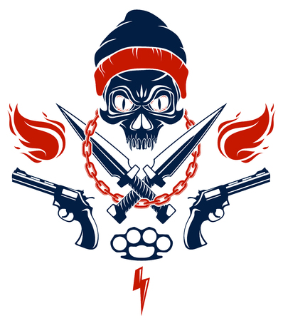 Revolution and Riot wicked emblem or logo with aggressive skull, weapons and different design elements , vector tattoo, anarchy and chaos, rebel partisan and revolutionary.のイラスト素材