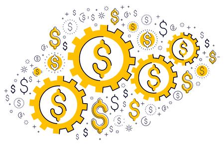 Economy system and business concept, gears and cogs mechanism with dollar signs and icon set, allegory design of systematic business and financial activity, vector illustration.のイラスト素材