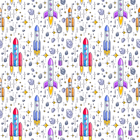 Seamless space background with rockets and stars, cosmos fantastic and breathtaking textile fabric for children, endless tiling pattern, vector illustration cartoon motif.のイラスト素材