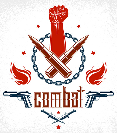 Anarchy and Chaos aggressive emblem or logo with strong clenched fist, weapons and different design elements , vector vintage style tattoo, rebel rioter partisan and revolutionary.のイラスト素材