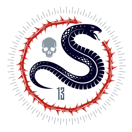 Snake vector logo emblem or tattoo, deadly poison dangerous serpent, venom aggressive predator reptile animal vintage style illustration.のイラスト素材