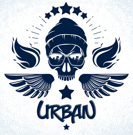 Urban culture style skull in sunglasses vector logo or emblem, gangster or thug illustration, anarchy chaos hooligan, ghetto theme.のイラスト素材
