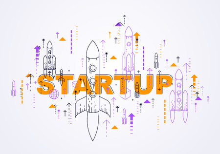 Startup rockets take off, space rockets flying start up business concept, vector illustration.のイラスト素材