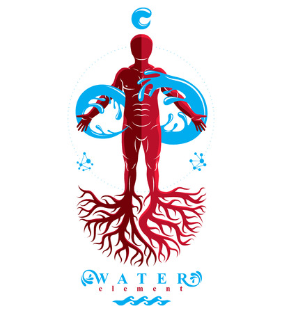 Vector illustration of human being, strong athlete with tree roots and limitless symbol composed from water splash. Human water consumption idea.のイラスト素材