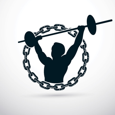 Vector illustration of muscular bodybuilder holding barbell. Power lifting competition, champion body silhouette.のイラスト素材