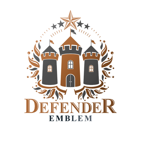 Ancient Castle emblem. Heraldic Coat of Arms decorative logo isolated vector illustration. Ornate logotype in old style on white background.のイラスト素材