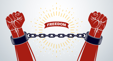 Slavery theme illustration with strong hand clenched fist fighting for freedom against chain, vector logo or tattoo, getting free, struggle for liberty.のイラスト素材