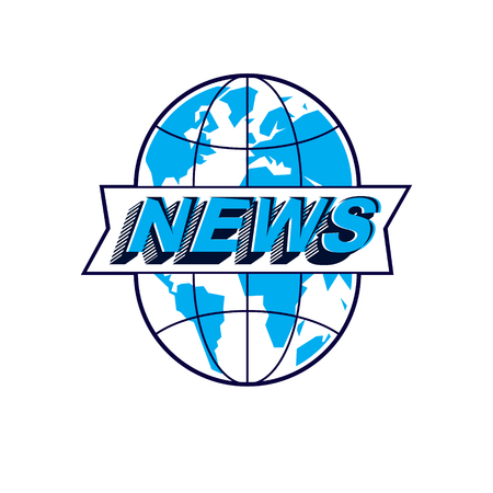 Journalism theme vector emblem created with Earth planet illustration and news writing, News and facts reporting.のイラスト素材