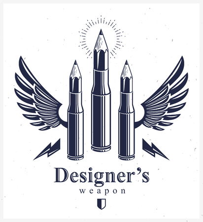 Idea is a weapon concept, weapon of a designer or artist allegory shown as a winged firearm cartridge cases with pencils instead of bullet, creative power, vector logo or icon.のイラスト素材