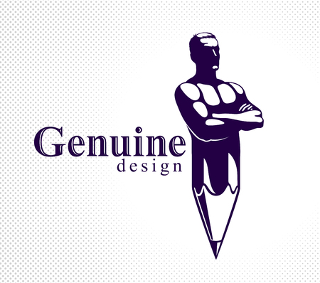 Strongman muscle man combined with pencil into a symbol, strong design concept, creative power allegory, vector perfect classic style logo or icon.のイラスト素材
