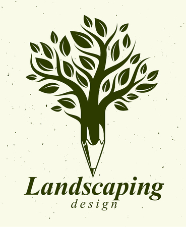 Beautiful tree with pencil combined into a symbol, landscaping design vector classic style logo or icon. Creativity concept, art and design allegory.のイラスト素材