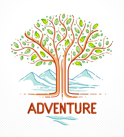 Nature wild adventure hiking and camping holidays leisure, tree with mountains in background vector linear logo or emblem, healthy active lifestyle theme.のイラスト素材