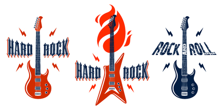 Hard Rock emblems with electric guitar vector logos set, concert festival or night club labels, music theme illustrations, guitar shop or t-shirt print, rock band sign with stylish typography.のイラスト素材