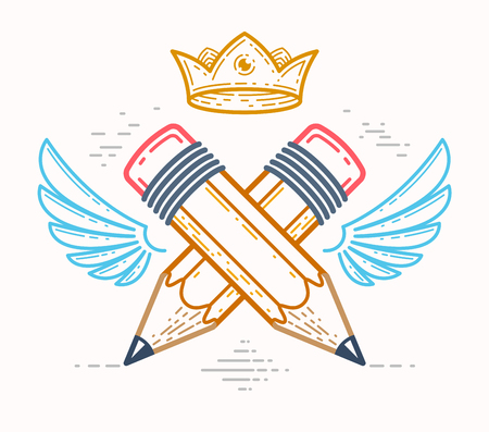 Two crossed pencils with wings and crown, vector simple trendy logo or icon for designer or studio, creative king, royal design, linear style.のイラスト素材