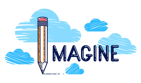 Imagine word with pencil instead of letter I and cloudsのイラスト素材