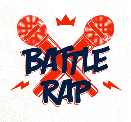 Rap Battle vector logo or emblem with two microphones crossed, Hip Hop hot rhymes music mic in a flames, concert festival or night club label, t-shirt print.のイラスト素材
