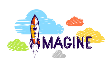 Imagine word with pencil instead of letter I and clouds, imagination and fantasy concept, vector conceptual creative logo or poster made with special font.のイラスト素材