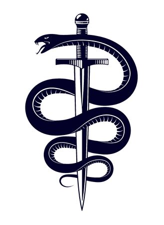 Snake and Dagger, Serpent wraps around a sword vector vintage tattoo, Roman god Mercury, luck and trickery, allegorical logo or emblem of ancient symbol.のイラスト素材