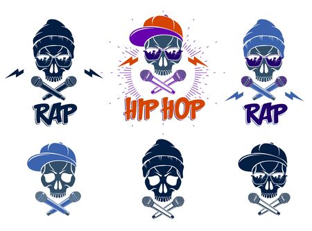 Rap music vector set logos or emblems with aggressive skull and two microphones crossed like bones, Hip Hop rhymes festival concert or night club party labels, t-shirt prints.のイラスト素材