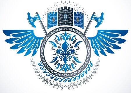 Winged classy emblem, vector heraldic Coat of Arms composed using medieval castle, lily flower and laurel wreath.のイラスト素材