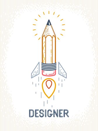 Pencil launching like a rocket start up, creative energy genius artist or designer, vector design and creativity logo or icon, art startup.のイラスト素材