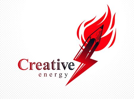 Creative energy power concept shown by pencil in a shape of lightning bolt with fire flame, vector logo or icon, the power of idea, design and art, science invention or research.のイラスト素材