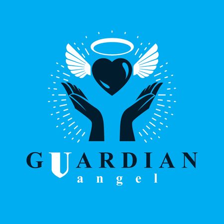 Loving heart in human hands, giving aid metaphor. Holy spirit graphic vector logo best for use in charity organizations.のイラスト素材