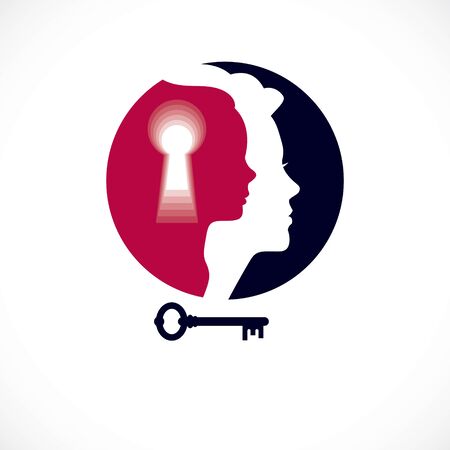 Psychology vector logo created with woman head profile and little child girl inside with keyhole, inner child, a key to human individuality and psychic problems concept. Therapy and analysis concept.のイラスト素材