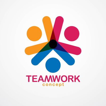 Teamwork and friendship concept created with simple geometric elements as a people crew. Vector icon or logo. Unity and collaboration idea, dream team of business people colorful design.のイラスト素材