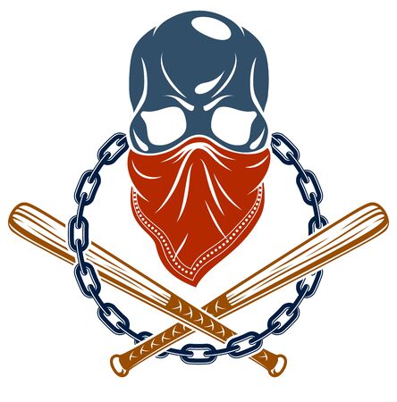 Criminal tattoo ,gang emblem or logo with aggressive skull baseball bats design elements, vector, bandit ghetto vintage style, gangster anarchy or mafia theme.のイラスト素材