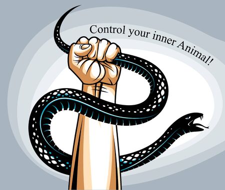 Hand squeezes a snake, fight against evil, control your dark side, internal conflict, archetype shadow, life is a fight concept, vintage vector logo or tattoo.のイラスト素材