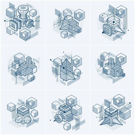 Abstract designs with 3d linear mesh shapes and figures, vector isometric backgrounds. Cubes, hexagons, squares, rectangles and different abstract elements. Vector collection.のイラスト素材