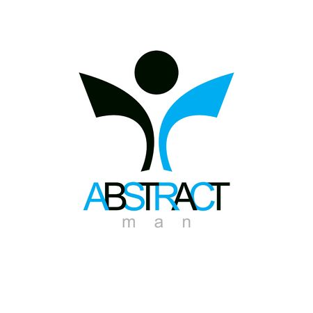 Vector illustration of joyful abstract individual with raised hands up. Liberty conceptual logo. Happiness metaphor symbol. Business innovation idea creative logotype.のイラスト素材