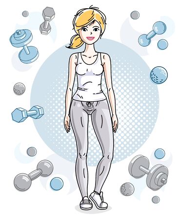 Attractive young blonde sportswoman adult standing on simple background with dumbbells and barbells. Vector illustration of lady wearing leggings and T-shirt.  Sport style.のイラスト素材