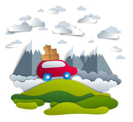 Car travel and tourism, red minivan with luggage riding off road with mountain peaks in background, clouds in the sky, paper cut vector illustration of auto in scenic nature landscape.  のイラスト素材
