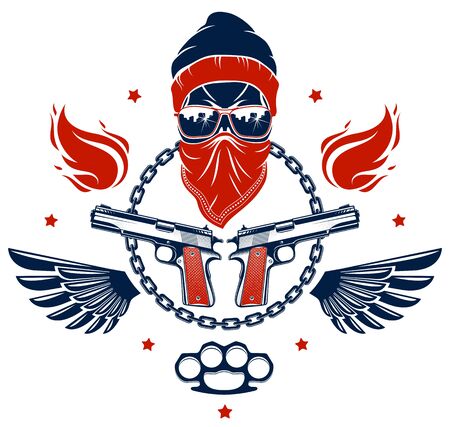 Anarchy and Chaos aggressive emblem or logo with wicked skull, weapons and different design elements , vector vintage scull tattoo, rebel gangster criminal and revolutionary.のイラスト素材