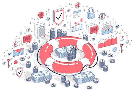 Insurance concept, Life Buoy with cash money dollar stack and coins isolated on white background. Vector 3d isometric business illustration with icons, stats charts and design elements.のイラスト素材