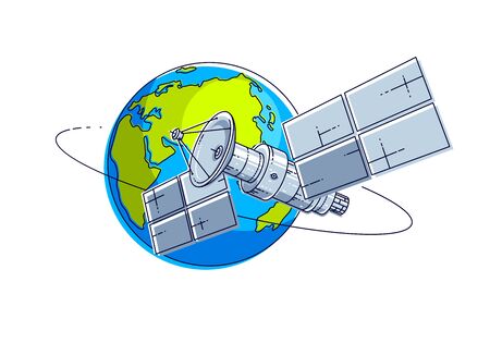 Satellite flying orbital flight around earth, communication technology spacecraft space station with solar panels and satellite antenna plate. Thin line 3d vector illustration.のイラスト素材