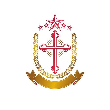 Christian Cross gothic emblem created with pentagonal star and laurel wreath. Heraldic Coat of Arms decorative logo isolated vector illustration. Religion and spirituality art symbol.のイラスト素材