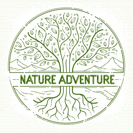 Nature wild adventure hiking and camping holidays leisure, tree with mountains in background vector linear logo or emblem, healthy active lifestyle theme.のイラスト素材