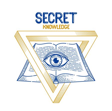 Secret knowledge vintage open book with all seeing eye of god in sacred geometry triangle, insight and enlightenment, masonry or illuminati symbol, vector logo or emblem design element.のイラスト素材
