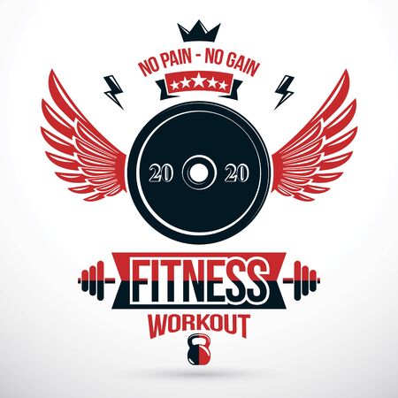 Fitness center graphic vector emblem, vector disc weight symbol composed with wings.のイラスト素材