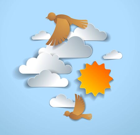 Birds flying in the sky among beautiful clouds and sun, summer cloudscape, vector illustration in paper cut kids style.のイラスト素材