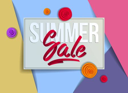 Summer sale flyer template with lettering, poster, card, banner, advertising design, vector modern style cartoon paper cut 3d illustration.のイラスト素材
