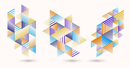 Abstract polygonal backgrounds with stripy triangles and 3D cubes vector designs set. Templates for...