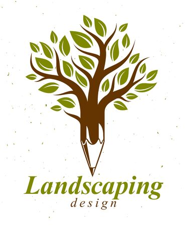Beautiful tree with pencil combined into a symbol, landscaping design vector classic style logo or icon. Creativity concept, art and design allegory.のイラスト素材