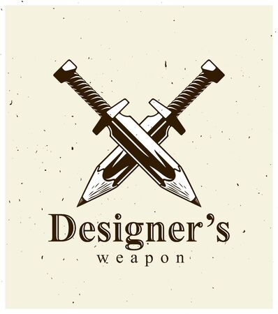 Idea is a weapon concept, weapon of a designer or artist allegory shown as two crossed swords with pencils instead of blades, creative power, vector logo or icon.のイラスト素材