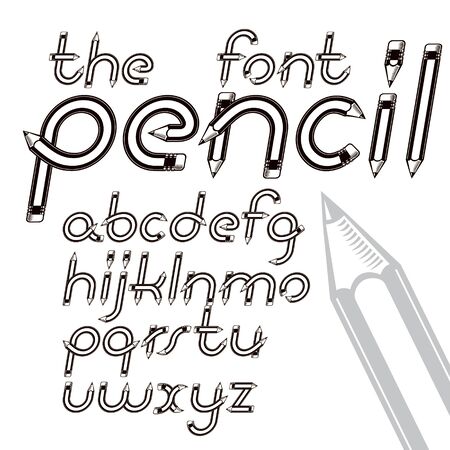 Vector font from a to z made with pencils, creative writing idea. Can be used as logo design element in copywriting business advertising.のイラスト素材