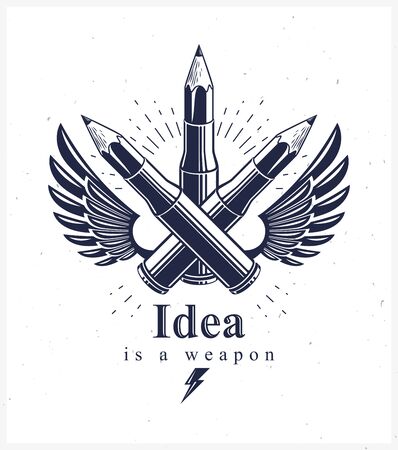Idea is a weapon concept, weapon of a designer or artist allegory shown as a winged firearm cartridge cases with pencils instead of bullet, creative power, vector or icon.のイラスト素材