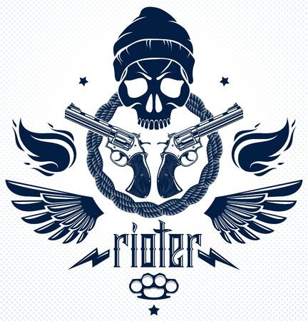 Revolution and Riot wicked emblem or with aggressive skull, weapons and different design elements , vector tattoo, anarchy and chaos, rebel partisan and revolutionary.のイラスト素材